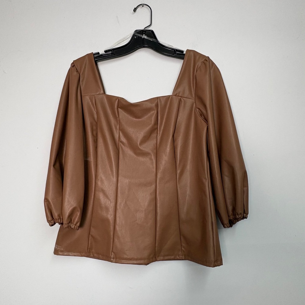 S.C. Society Women Brown Faux Leather Square Neck Puff Sleeve Top Size M